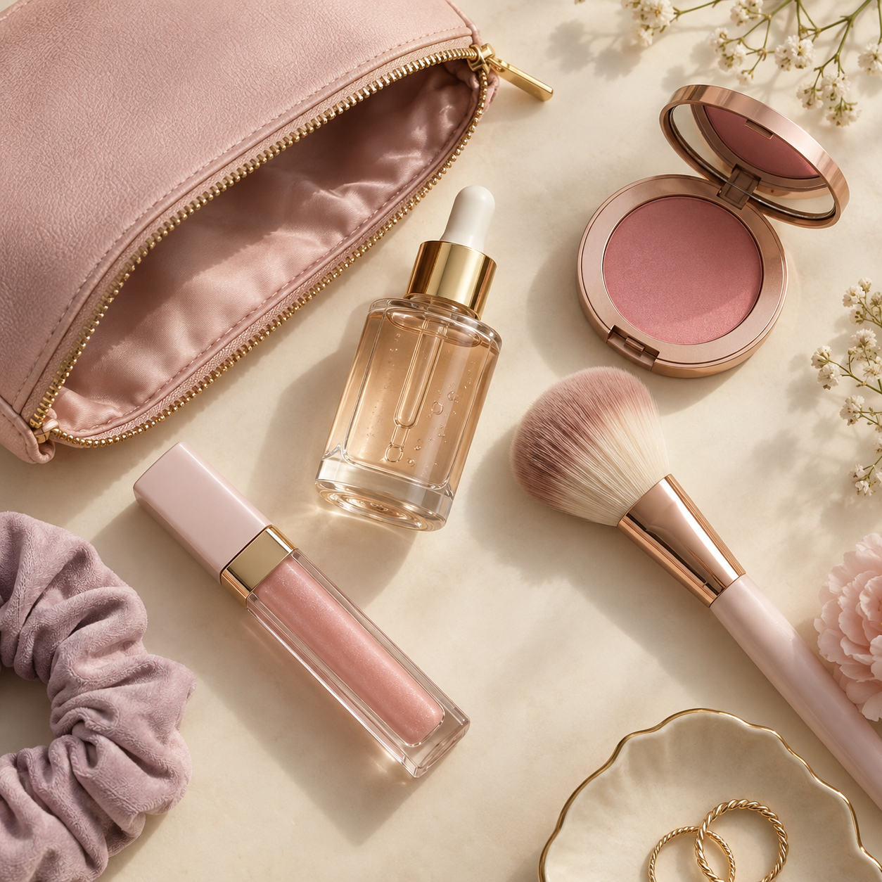 Makeup products arranged on a warm cream surface