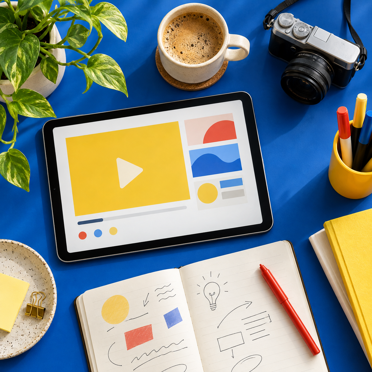Creative course workspace with a tablet and notebook