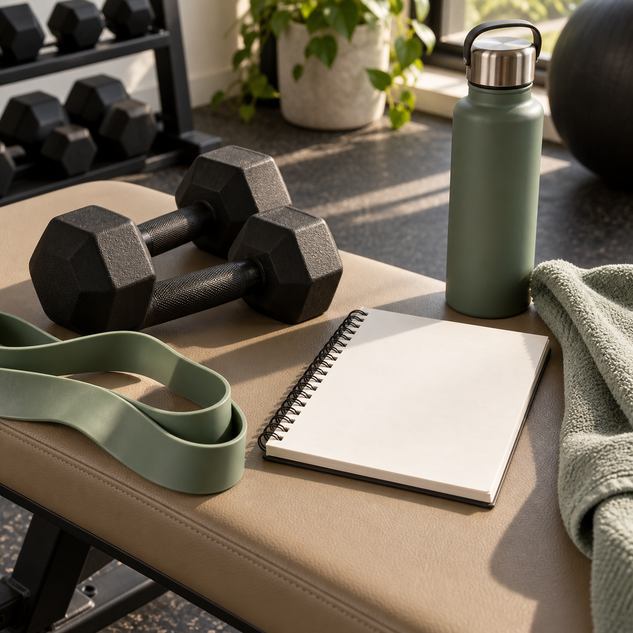 Dumbbells, resistance band and a blank workout notebook