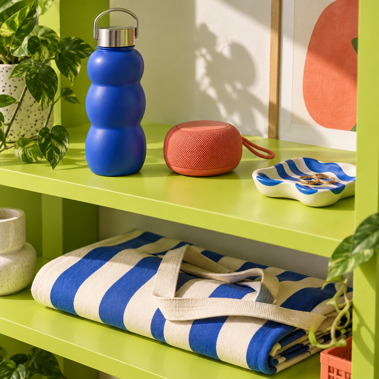 Colourful products arranged on a lime green shelf