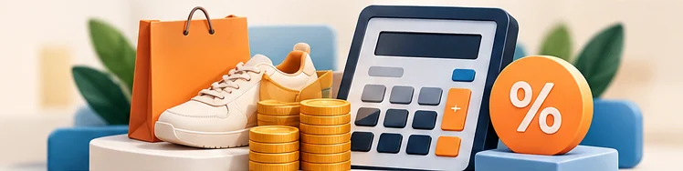 Product shopping bags and a calculator with percentage sign and earned coins.
