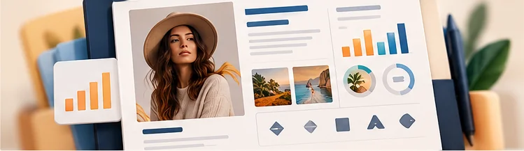A magazine-style creator portfolio with portrait, audience statistics and project imagery.