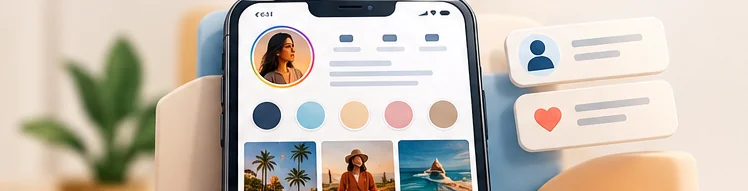 A creator phone profile with avatar, bio lines, highlights and visual link card.