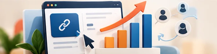A clickable link card next to a growing bar chart and audience icons.