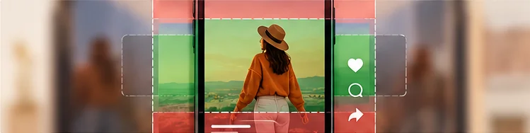 A vertical video of a creator with green clear-space guides and red caption/action overlay areas.
