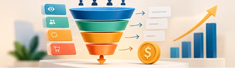 A descending multistage funnel from audience views through clicks to a shopping cart, sales and rising revenue chart.