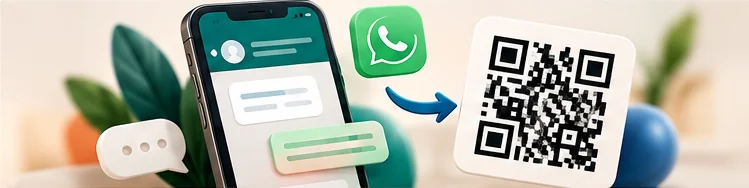 A chat bubble, smartphone and scannable QR code guiding a customer into a conversation.